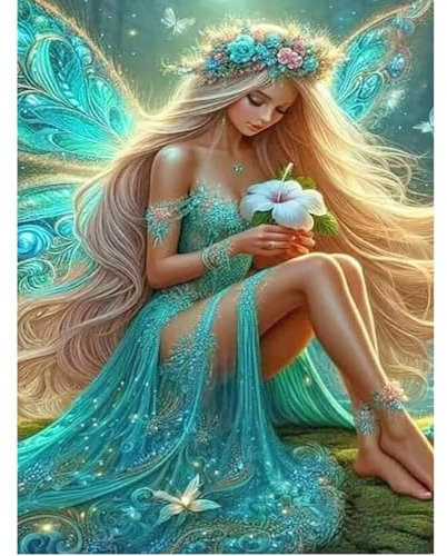 SHEGZHUC 40x50cm Diamond Painting Schmetterlingsfee Elfe Grün Diamond Painting Engel mit Flügel Blond Blumen Mosaik Diamant Malerei Kunst Stickerei Kreuzstich Bilder Geschenk Wanddekoration