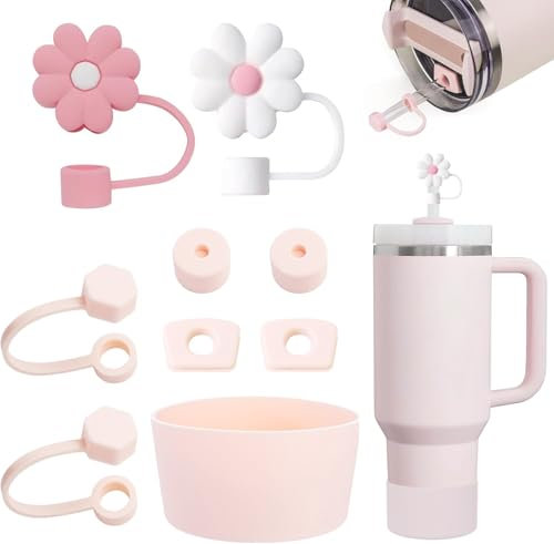 RIREKIS Stanley Cup Accessories Set Includs 6Pcs Silicone Spill Proof Stopper, 2Pcs Straw Cover Cap for 10 mm Straw, 1Pcs Silicone Boot for Stanley Cup 40oz&30oz Tumbler (Rose Quartz).