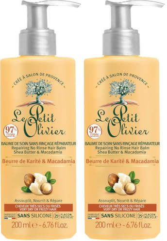 LE PETIT OLIVIER - Baume Réparateur De Soin Sans Rinçage - Assouplit, Nourrit & Répare - Karité & Macadamia - Cheveux Très Secs Ou Frisés - Sans Silicone - Fabriqué en France - 200 ml (Lot de 2)