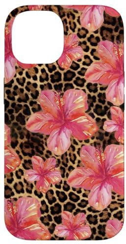 Cute Aesthetic Pink Hibiscus Pattern Leopard Print Girly Y2K Case for iPhone 14