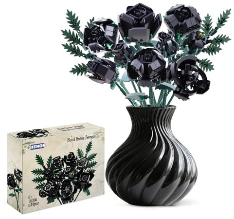Bouquet de roses noires - Lot de 10 pétales de rose noirs et 2 feuilles - Collection botanique - Fleurs artificielles pour la décoration gothique de la maison d'Halloween - Kit de construction pour