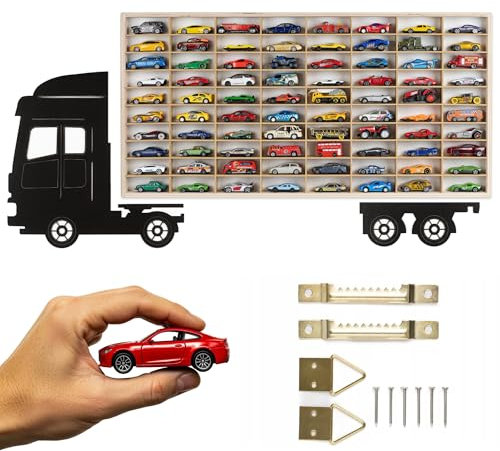 ArtTwist Modellauto Vitrine | Hot Wheels Aufbewahrung zu 80 Fächen | Sammlervitrine Hängend 78,5cm x 40cm x 4cm | Setzkasten Holz für Wanddeko und Organisation (LKW 002CL)