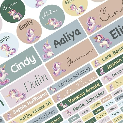 Petite Print® Namensaufkleber Schul-Set – (150 Stück) personalisierte Namensetiketten zur Einschulung, für Stifte & alle Schulsachen, wasserfest & waschmaschinenfest (Einhorn)