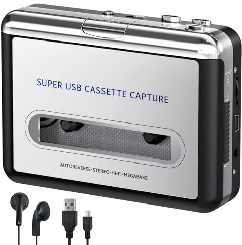 Kassettenspieler – Tragbarer Recorder mit Kopfhörer – Konvertiert Audio Musikkassetten in Digitales MP3, Kompatibel mit Laptop/PC/MAC – für Unterhaltung, Reisen, Leichte Sportarten (Silber)