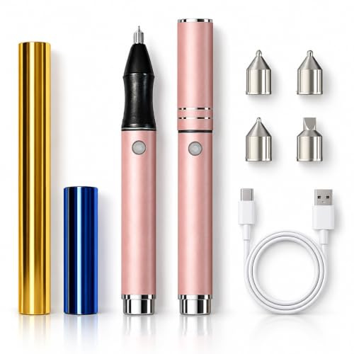 Candeon Heißfolienstift set, USB Akku Heißfolienstift Heißfolien Prägestempelstift mit 3 Heizstiftspitzen,2 Folienrollen, Heißfolien Zeichenstift Wärmefolien Stifte für Kartenherstellung, Scrapbooking