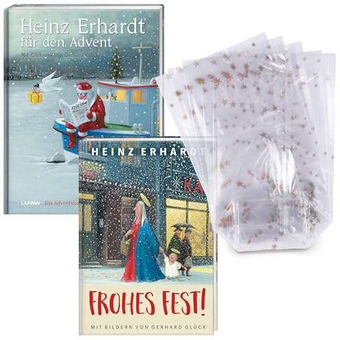 Heinz Erhardt Weihnachtsbuch Bundle – Humorvolles Set aus „Für den Advent“ & „Frohes Fest“ inklusive 5 transparente Weihnachtsbeutel 19x11,5x4,5 cm für Kekse, Plätzchen und kleine Aufmerksamkeiten