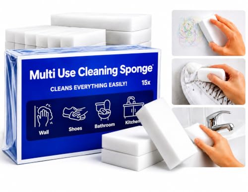 Spugna magica in melamina di alta qualità – Confezione da 15 pezzi | Extra resistente e durevole | Dimensioni 10cm x 7cm x 3 cm | Spugna magica per la pulizia di cucina, bagno, auto e altro