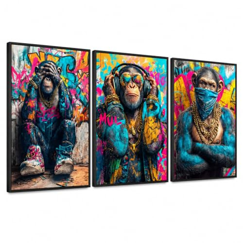3 Affen Poster 3er Set – Nichts sehen, hören, sagen – Street Art Pop Art Wanddeko – Graffiti Bilder mit Style – Lustige Deko fürs Wohnzimmer, Büro oder Jugendzimmer (DinA1)