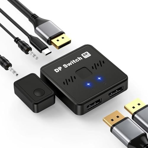 Für DisplayPort 1.4 Switch – 8K@60Hz 4K@144Hz DP Umschalter 2 In 1 Out, Bidirektionaler Splitter mit HDR & 3D, kompatibel mit für PC, Laptop, Monitor, TV, Projektor, Spielekonsole, Plug & Play Design