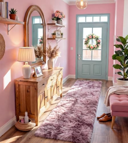 VOFUSHON Teppich Läufer 80x150 cm Batik Rosa-Lila Hochflor | Waschbar, Rutschfest, OEKO-TEX Zertifiziert, 35D Rückprallschaum, Flauschig, Flur, Wohnzimmer, Schlafzimmer, Kinderzimmer