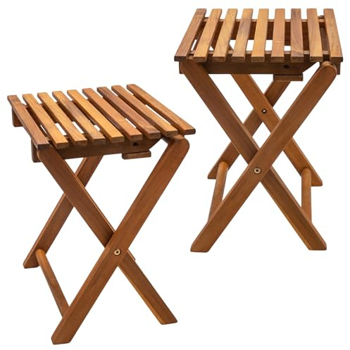 Spetebo Akazien Klapphocker Natur geölt 37 x 29 cm - 2er Set | Holz, Teak Look, klappbar, Blumenhocker Beistelltisch Pflanzenhocker