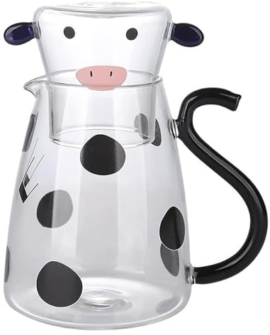 Carafe Pitcher Cow - Glass Jug with Cup for Refrigerator, Cartoon Cow Clear Glass Night Water Carafe Set with Cup, Jug and Cup Night Set for Home Use