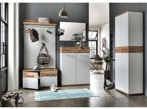 Lomadox Komplett Garderoben Set 5-teilig ● Flurgarderobe in weiß, Navarra-Eiche ● Schuhschrank, Schuhbank, Wandpaneel, Spiegel, Kleiderschrank ● Made in Germany