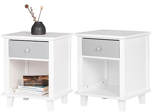 WOLTU® Nachttisch 2er Set Nachtkommode Nachtschrank Beistelltisch Sofatisch, mit Schublade und Offenem Fach, mit Beinen, Holz, Weiß, 40x34x50cm(BxTxH), TSR57ws-2
