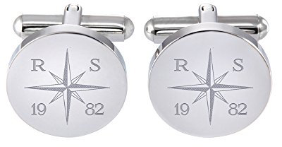 Gravado Boutons de Manchette Ronds en Inox pour Homme, Rose de Vents, Personnalisés avec Initiales Année, Couleur Argent
