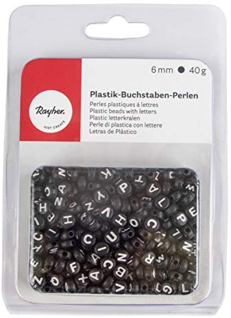 Rayher 16054576 Plastik-Buchstaben-Perlen, rund, 6 mm ø, schwarz, 2seitig schwarze Buchstaben, 40 g (ca. 400 Stück), Speichel- und Schweißecht, Perlen für Schmuck und zum Basteln