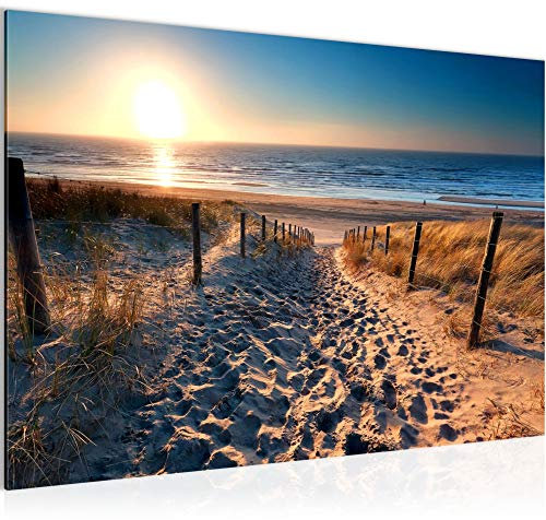 Runa Art Bild Strand Sonnenuntergang Modern Wandbilder Schlafzimmer Wohnzimmer 1 Teilig - Made In Germany - Panorama Beige Blau Flur 018415a