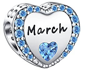 TIZU Charm Birthstone Marzo in Argento 925 Charms Cuore Originali Compatibile Braccialetti Regalo di Compleanno per Donna Bambina