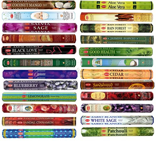 HEM Incense Sticks - 18 unique and premium flavours - Such as but not limited to Sandalwood, Lavender, White Sage, Patchouli, Coconut Mango, Good Health, Lemon Grass with SAMASIA incense holder