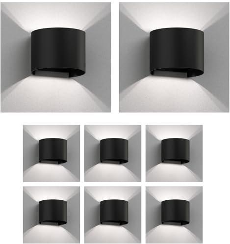 ledscom.de 8 Stück Wandleuchte RUNEL für außen, schwarz, IP65, Up & Downlight + LED Lampe 596lm, weiß