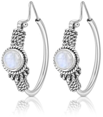 Unique Gems große Shiva Creolen 25mm 925 Sterling Silber echter Mondstein 2.2 Karat Damen Ohrringe Vintage Silberohrringe Juweliers- Qualität