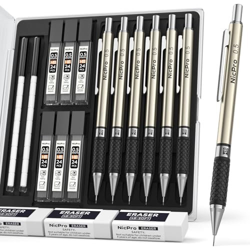 Nicpro 0,5 mm Kunst Druckbleistift Set mit Etui, 6 Stück 0,5 mm Mechanical Pencil aus Metall mit 6 HB-Minen und 18 Radiergummi-Minen für Erwachsene, Kinder, Künstler zum Schreiben, Zeichnen