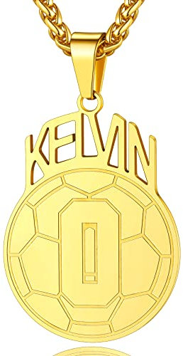 Plaque Foot-ball Sportive Personnalisable Collier Homme Numéro Joueur Personnalisé Prénom Chiffre Pendentif Médaillon Cadeau Fils Enfant Garçon Chaine Spiga 55cm Blé Grvure Acier Inoxydable Doré