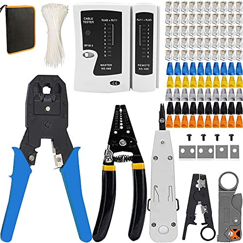MAYLINEE RJ45/RJ11 pelacables alicates de Juego de Herramientas de Reparación de cable de red, RJ12 Crimp Wire Stripping Cable prueba, Profesional Ordenador CAT5 Cat5e CAT6de crimpado(Azul)
