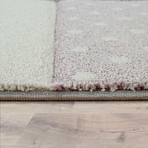 Paco Home Teppich Kinderzimmer Kinderteppich Junge Mädchen Spielteppich Modern Herz Punkte Sterne 3D Effekt Lila Grau Creme, Grösse:200 cm Rund