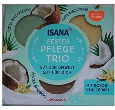 Isana Festes Pflege Trio Duft: Kokos- & Vanilleduft Inhalt: Feste Dusche 50g, Festes Shampoo 50g und Festes Duschpeeling 50g = 1 Set