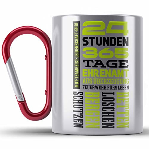 Trendation - Ehrenamtliche Feuerwehr Geschenk Edelstahl Tasse Karabiner Feuerwehrmann Freiwillig (Rot)