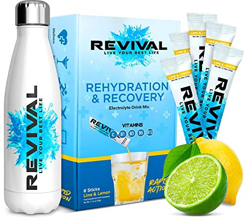 Revival Rapid Rehydration Starter Pack - 500ml Steel Water Bottle with 1 x 6 Packs Electrolytes Powder Sachets - Lemon