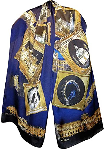 Satin-Schal - Design GLANZVOLLES WIEN, Austria-Design, Souvenir aus Österreich, Sehenswürdigkeiten von Wien, Schönbrunn, Hofburg, Sezession, Fashion & Souvenir, Riesenrad, Karlskirche, Belvedere
