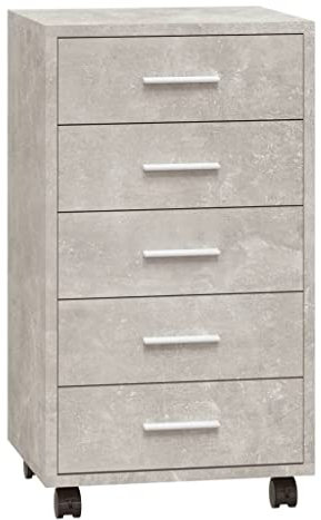 vidaXL Schubladenschrank, Kommode mit 4 Rollen, Schrank Rollcontainer mit 5 Schubladen, Aktenschrank Büroschrank, Modern, Betongrau Holzwerkstoff