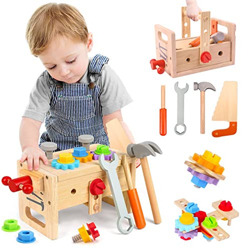 XIAPIA Kids Tool Set Wooden Toys Role Play Toys Tool Box Kids Educational Montessori Construction Toys Easter Birthday Gifts for Boys Girls Toddle Ages 3 4 5 6