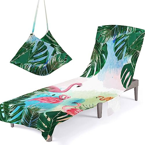 Surwin Toalla de playa para tumbonas, Fundas para Tumbonas con Bolsillos Laterales Hoja de banana Cubierta para Silla de Piscina para Verano Tumbona de Jardín Exteriores (75x210cm,Acuarela)