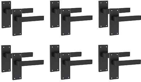 Golden Grace Victorian Straight Delta Door Handles Latch in Matt Black, 6 Pairs - 120mm x 40mm Backplate