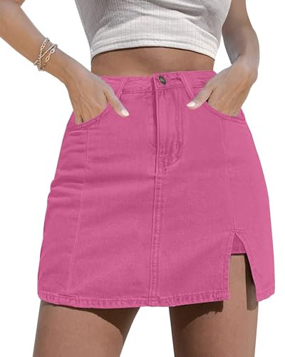 luvamia Denim Mini Skorts Gonne per le Donne Elastico Spacco Vita Alta Jean Shorts, Rosa acceso, S