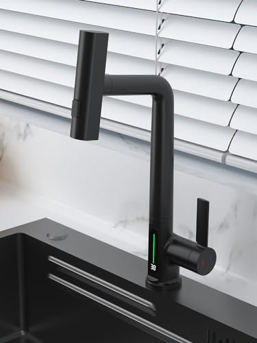 Suprills Kitchen Sink Taps with Pull Out Spray, Multifunction 360 Degree Rotating Faucet, Black Pull Out Basin Mixer Bathroom Taps, Kitchen Mixer Tap with Digital Display and Shower (Black)