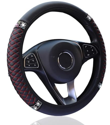 Lenkradbezug Leder Glitzer, Auto Lenkradbezug Diamantbesetzte Glitter, Lenkradhülle Universal Anti Rutsch Elastische Auto Zubehör 37-38cm(Schwarz Rot)