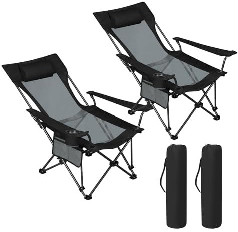WOLTU 2 x Chaises de Camping Pliante, Chaise de Pêche Extérieur avec Dossier Réglable, Léger et Portable, Fauteuil Pliant avec Appui-tête, Porte-gobelet, Capacité 150 kg, Noir+Gris