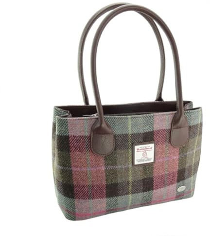 Glen Appin Harris Tweed Classic Handtasche - LB1003 - Cassley, Gedecktes grünes und violettes Schottenkaro