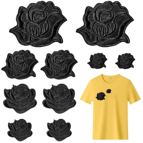 Tyqour 10 Stück Schwarz Rosen Applikationen Patch Bügelflicken Applikationen Rose Gestickte Aufnäher Reparaturflicken für Jeans T-shirt Jacken Hüte Kleidung Schuhe Tasche
