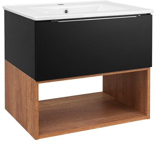 Lomadox Badezimmer Waschtisch 60 cm Waschbeckenunterschrank inkl. Waschbecken schwarz matt mit Eiche
