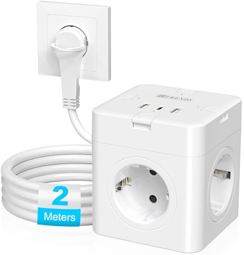 KEAGAR Steckdosenwürfel 4-Fach mit USB, Flachstecker, 4 Schalter, 2m Weiß | Einzeln Schaltbar, 4 Schuko + 1 USB-C + 2 USB-A, ideal für Büro, Zuhause & Reisen