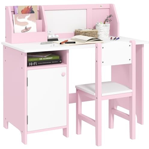 HOMCOM Ensemble Table et Chaise pour Enfant avec Tableau Blanc - Bureau pour Enfant +5 Ans 90L x 45l x 85H cm Rose