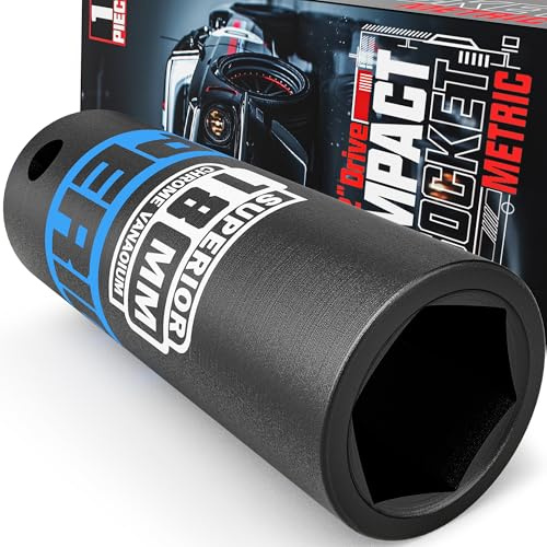 KIRXST 1/2 Drive 18mm Deep Impact Socket, 6 Point CR-V Deep Socket, 78mm Length, Auto Trucks Car Tires Repairing DIY Mechanic Tool