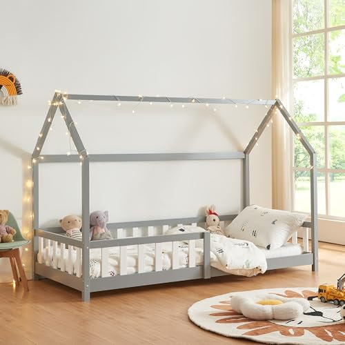 [en.casa] Kinderbett Hesel Hausbett Grau 90 x 200 cm mit Rausfallschutz und Lattenrost Montessori Bodenbett Jugendbett Holzbett