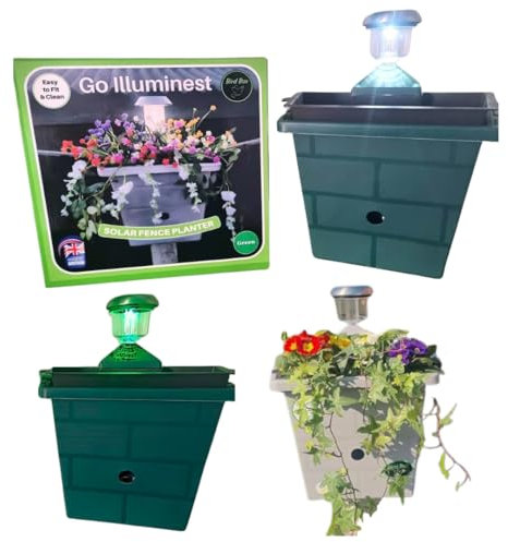 3-in-1 Hanging Fence Planter with Solar Light & Bird House – 5* Garden Décor with Nesting Box, Durable Fence Outdoor Planter for Plants & Wild Birds, Multi-Colour Light, No Tools - BROWN (Green)