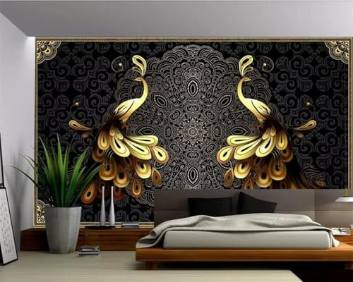 XLMING Black Gold Peacock 3D Wallpaper Home Study Office Dining Room Sofa Bedroom Living Room TV Backdrop-150cm×105cm
